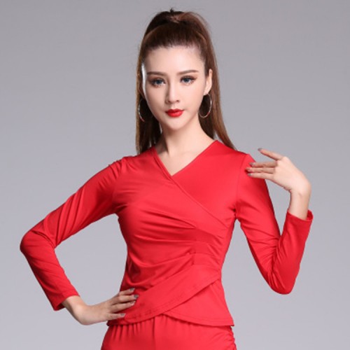 Ballroom latin dance tops for women girls red black competition gymnastics stage performance dancing blouses shirts